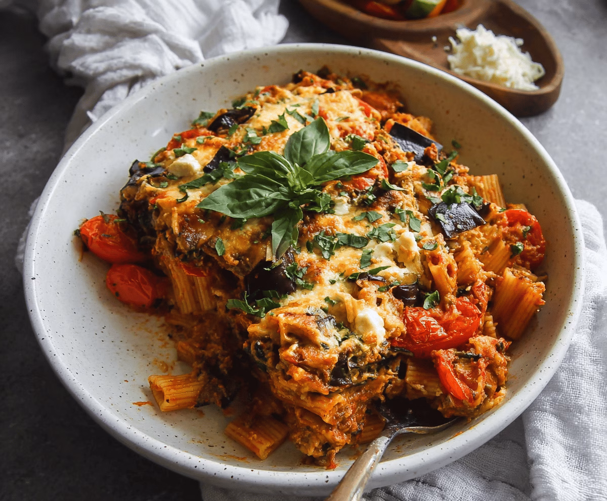 Easy Eggplant Pasta Bake with Tomato and Zucchini